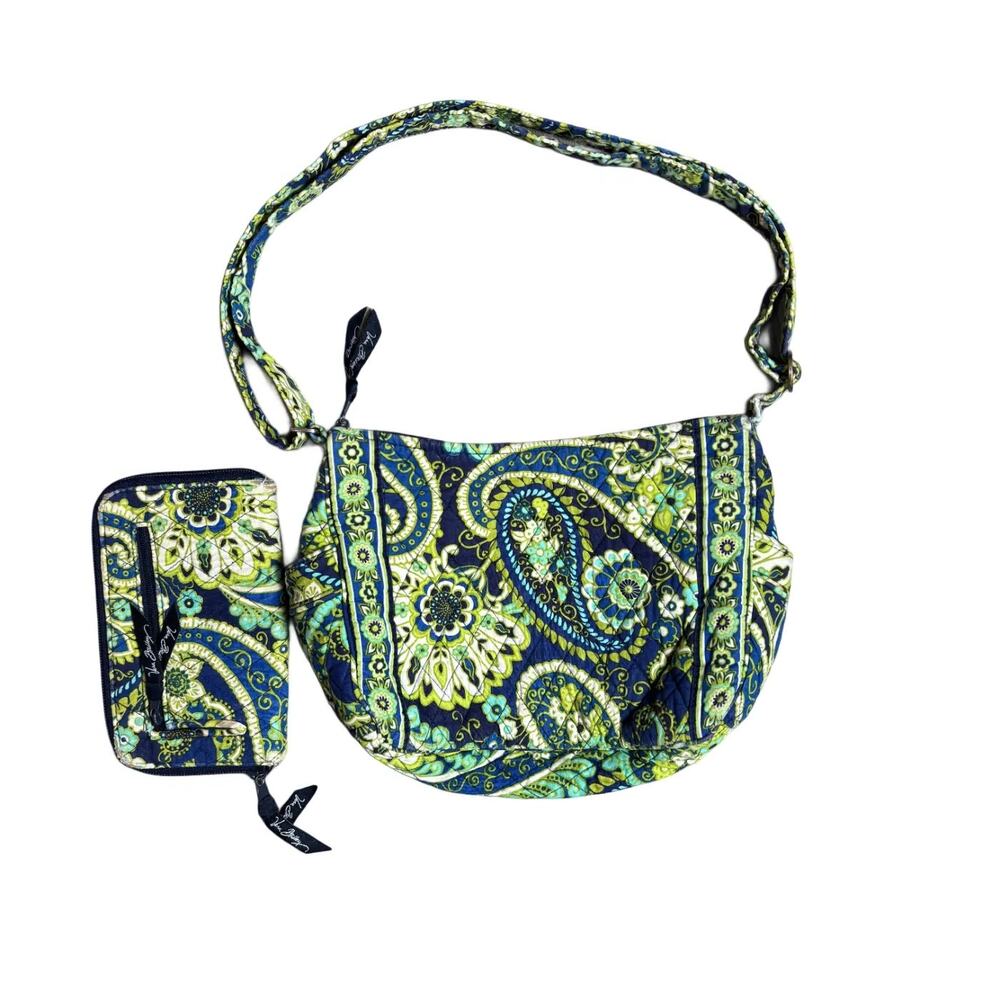 Vera Bradley Quilted Shoulder Bag w Matching Zip Wallet‎ Blue Green Paisley